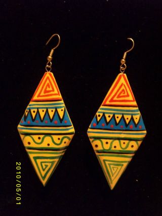 Tribal Aztec Hand Painted African Ethnic Design Dangly Earrings Vintage Colours