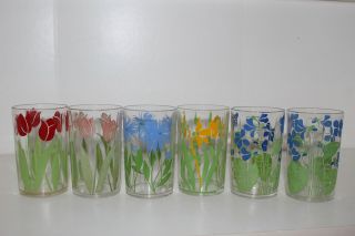6 Vintage 3.  5 " Floral Glass Swanky Swigs - Tulip Daffodil