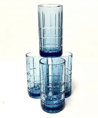 Vintage Set Of 4 MCM ANCHOR HOCKING Blue TARTAN Flat Iced Tea Glasses 16 oz 2
