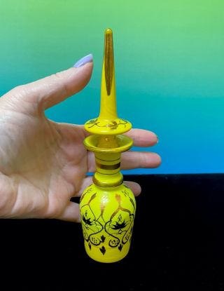 Vintage Miniature Decanter Bohemian Yellow Blown Art Glass Bottle Gold Gilded