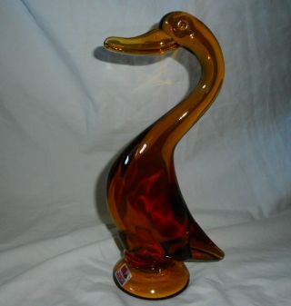 Vintage Viking Art Glass Tall 10 " Amber Swan Duck Figurine Not A Dish