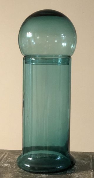 Vintage Mid Century Modern Teal Blue Italian Art Glass Apothecary Jar W Lid 9.  5”