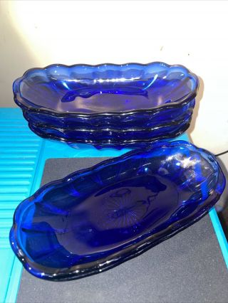 Cobalt Blue Glass Set Of 4 Anchor Hocking Pressed Banana Split Bowls Dishes