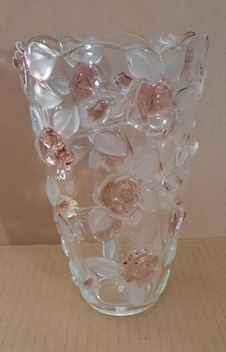 Mikasa Bella Rosa Pink Frost Vase Raised Pink Roses & Frosted Leaves