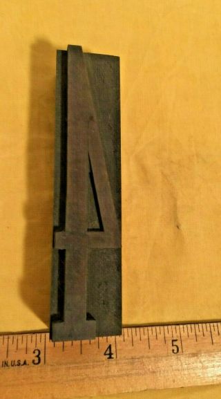 Vintage Wood Number 4,  Four Letterpress Printer Art Block Type 4 " X 15/16 " Wide