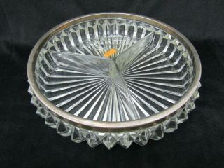 Vintage Crystal Divided 3 Sectioned Serving Bowl Silver Plated Rim England