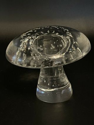 Vintage Hand Blown Clear Glass Mushroom Paperweight Controlled Bubbles 3” Tall