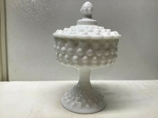 Vintage Fenton Milk Glass Hobnail Pedestal Candy Dish With Lid