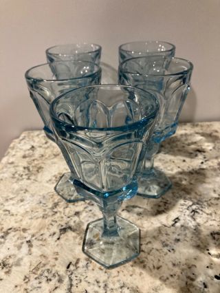 Vintage Set Of 5 Fostoria Virginia Light Blue Wine Glasses 6 " Tall