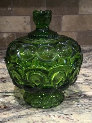 Vintage Green Glass L.  E.  Smith Moon & Stars Covered Compote Dish Looks