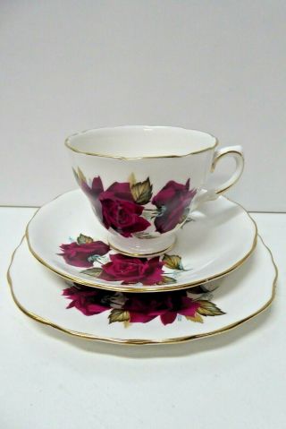 Vintage Royal Vale Bone China Red Roses Trio Cup Saucer Plate