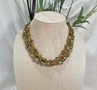 Vintage Ab - Coated Olive Green Bead Multi Strand Choker Necklace