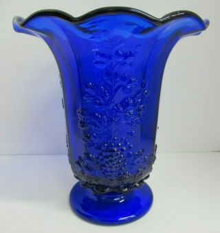 Mosser Glass Cobalt Blue Grape & Ivy Wavy Rim Vase 8 " Made In Usa W/label