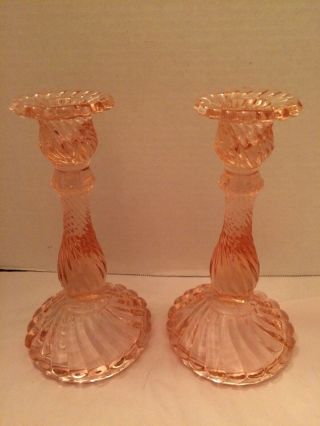 Set Of 2 Pink Depression Glass Swirl Candlestick Candle Holders 8” Tall
