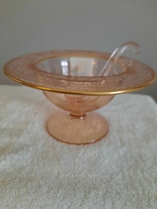 Vintage Pink Depression Glass Footed Bowl/gold Rim And Ladle