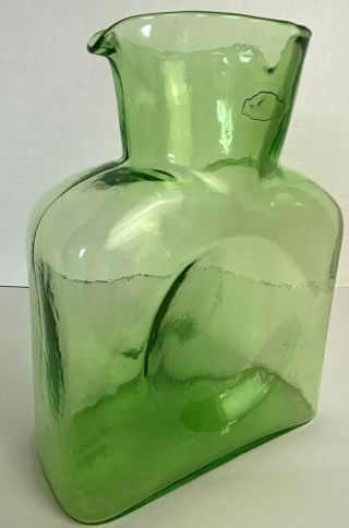 Blenko Green Double Spout Pitcher Vase Bottle 2009 Acid Etched Q142