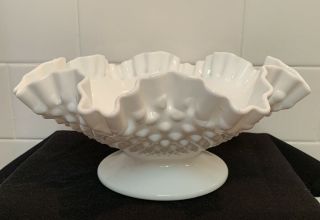 Vintage Mcm Fenton White Milk Glass Hobnail Ruffled Edge Footed Bowl Compote 70s