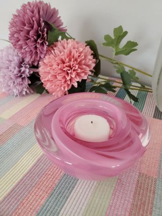 Kosta Boda Pink Swirl Atoll Art Glass Votive Candle Holder 4 1/2” X 2 1/2”