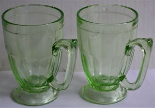 (2) Vintage Green Depression Glass Mugs Footed W/ Handle Root Beer Float 5.  5 "