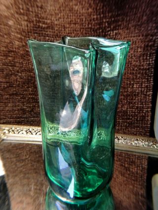 Blenko Hand Made Art Glass Green Bag Vase 8 1/4 inches tall 2