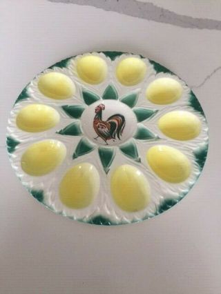 Vintage Hand Painted Deviled Egg Plate / Tray,  Rooster Hen Yellow & Green 10 Egg