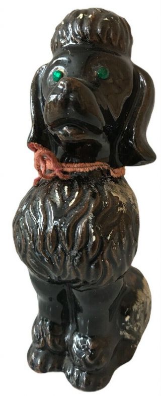 Vintage 1950’s Redware Black Ceramic French Poodle Figurine Kitsch Gemstone Eyes