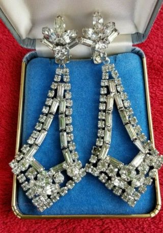 Vintage Art Deco Inspired Sparkling Clear Rhinestone Long Clip Earrings