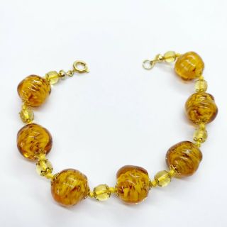 Vtg Estate Czech Venetian? Art Glass Beaded Bracelet Knotted Orange Yellow 3