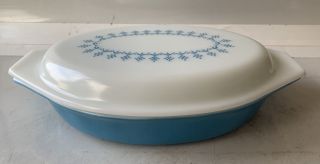 Vtg Pyrex Blue Snowflake Garland Divided Casserole Dish W/lid 1 Qt