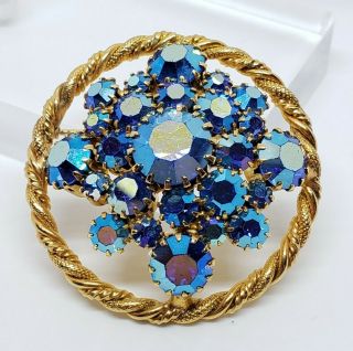 Elegant Vintage Faceted Blue Aurora Borealis Glass Gem Cluster Brutalist Brooch