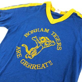 Vintage 80s 90s Ringer V Neck T Shirt Small Bonham Tigers Graphic Single Stitch