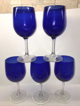 Vintage Set Of 5 Cobalt Blue Wine Glass W/ Clear Stem 7 1/2”