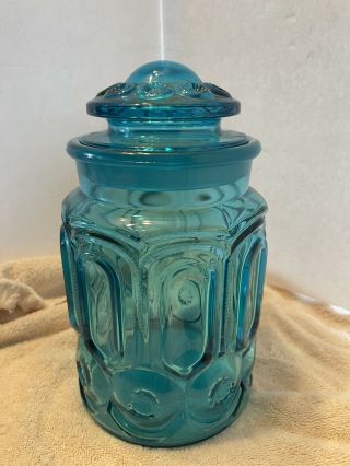 Vintage Le Smith Blue Moon And Stars Glass Canister With Lid 9.  5” Canister