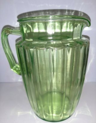 Vintage Hocking Green Pillar Optic Depression Uranium Glass Pitcher 60 Oz
