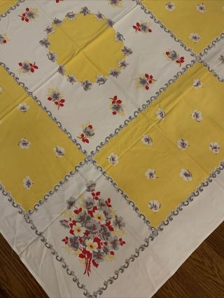 Vintage 44x52 Gorgeous Shabby Cottage Chic Yellow Gray Floral Red Tablecloth