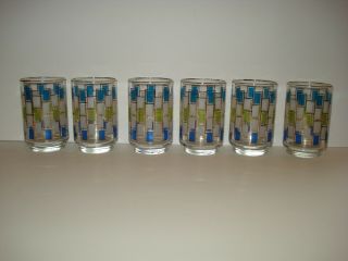 6 Retro Mcm Libbey Nordic 4 1/2 " Glasses 10 Oz.  Geometric Gold Blue Green White