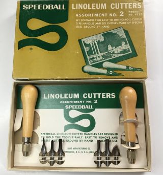 Vintage Speedball Linoleum Cutter Box Kit,  6 Blades,  2 Wood Handles