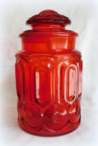Vintage Le Smith Red Amberina Moon & Stars 9.  5 " Canister Euc Glass