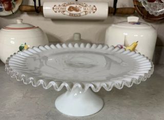 Vintage Fenton Milk Glass Silver Crest Pedestal Round Cake Serving Dish Plate