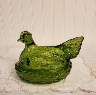 Vintage L.  E.  Smith Hen On Nest Emerald Green Lidded Candy Dish