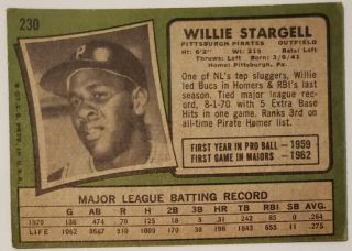1971 TOPPS 230 Willie Stargell MLB HOF Pittsburgh Pirates Vintage Card 2