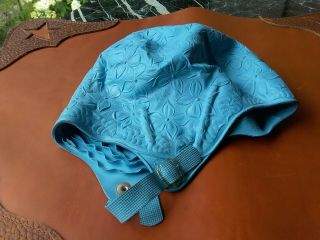 Vintage Rubber U.  S.  Holland Hair Dry Swim Cap - Floral W/chin Strap Size 22 Blue