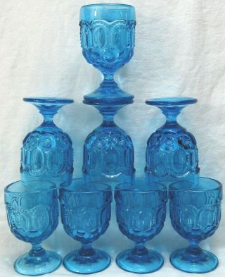 10 Retro L.  E.  Smith Glass Moon & Stars Blue Liqueur Cordial Goblets Mid Century
