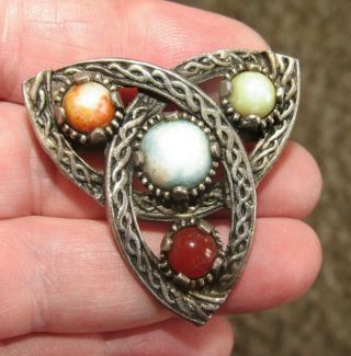 Vintage Signed Jacobite Jewellery Scottish Celtic Knot & Agate 3d Brooch Pin