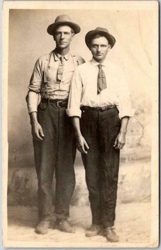 Vintage Rppc Studio Real Photo Postcard Two Men In Hats / Short Ties C1910s
