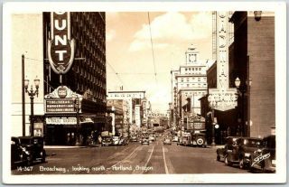 Vintage 1942 Portland,  Oregon Rppc Photo Postcard " Broadway,  Looking North "