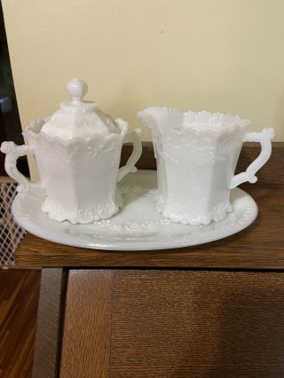 Vintage Milk Glass Set Double Handle Sugar Bowl With Lid,  Creamer And Plate