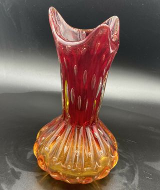 Vintage 8 " Amberina Glass Controlled Bubbles Hand Blown Swung Vase 3 Fingers