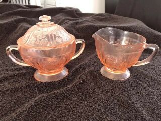 Vintage Federal Glass Cabbage Rose Sharon Pink Creamer And Sugar Set With Lid