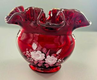 Fenton Ruby Red Ruffle Vase With Hand Painted Roses By Frida Hubbard
